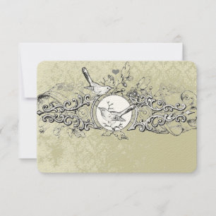 Vintage Love Birds Olive Musical Scroll Wedding RSVP Card