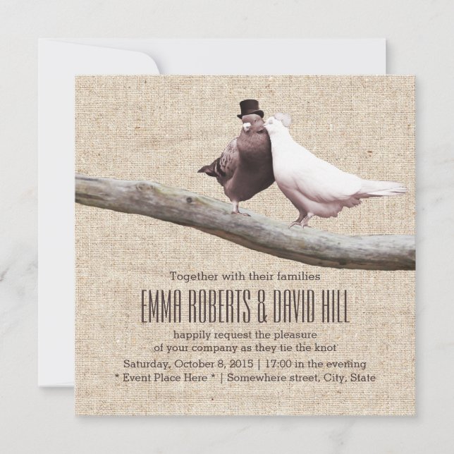 Vintage Love Birds on Branch Burlap Wedding Invitation (Front)