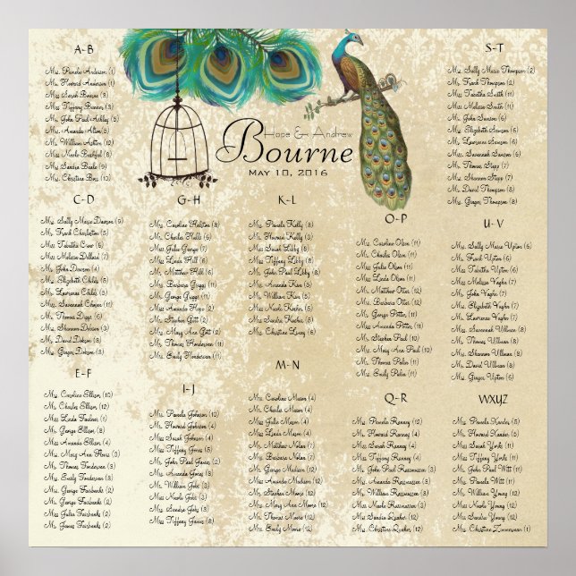 Vintage Love Birds Peacock Seating Chart 12 Tables (Front)