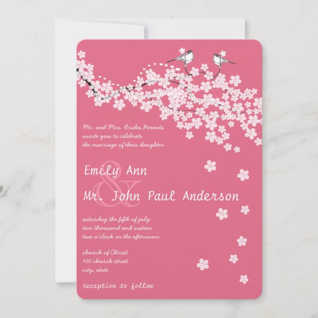 Vintage Love Birds Pink Cherry Blossom Weddings Invitation (Front)