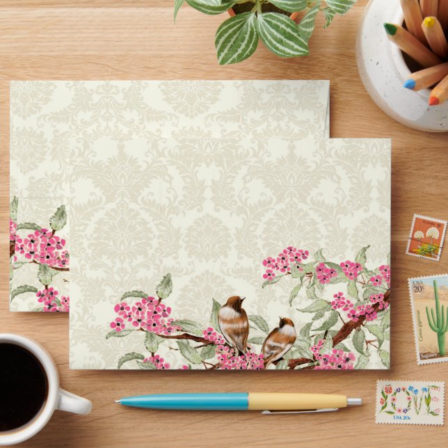 Vintage Love Birds Pink Flower Branch Envelopes (Desk)