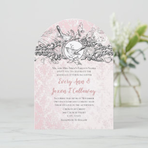 Vintage Love Birds Pink Oak Leaf Scroll Wedding Invitation