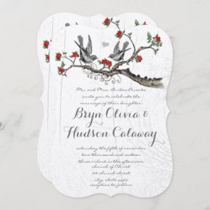Vintage Love Birds Sitting in a Tree Red Blossoms Invitation