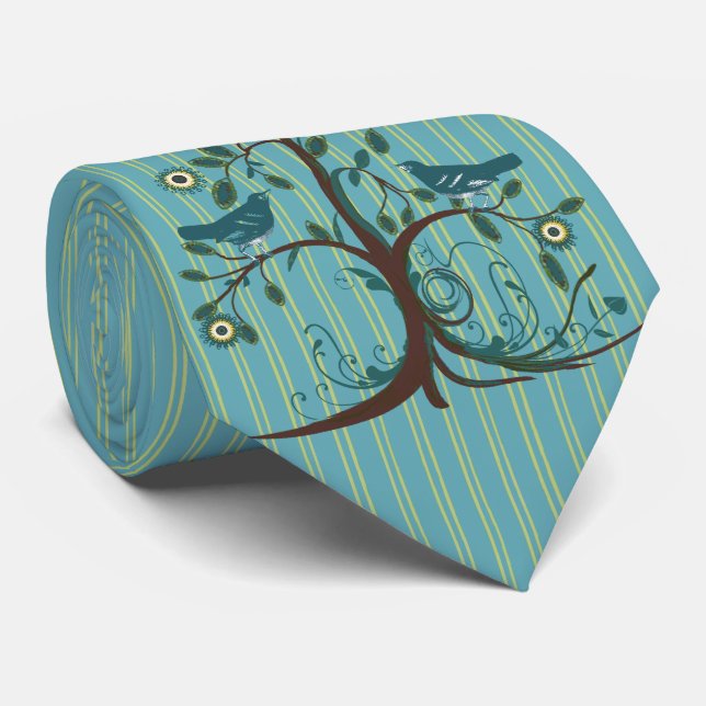 Vintage Love Birds Swirl Tree Stripe Wedding Tie (Rolled)