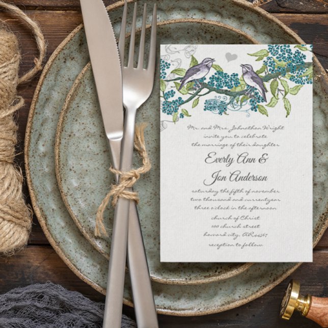 Vintage Love Birds Teal Purple & Green Wedding Invitation (Creator Uploaded)