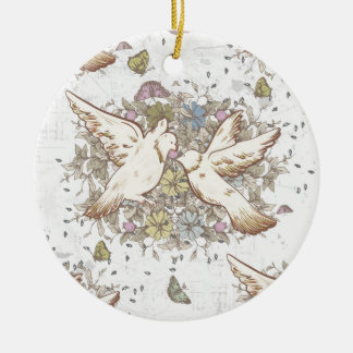 Vintage Love Birds, Two White Doves Floral Ceramic Tree Decoration
