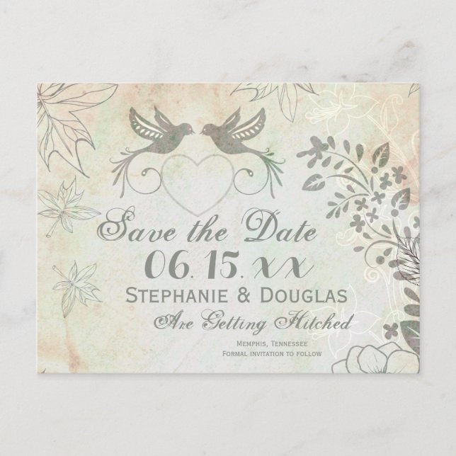 Vintage Love Birds Wedding Save the Date Postcards (Front)