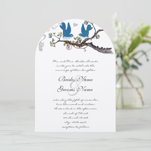 Vintage Love Birds Yellow & Teal Wedding Invite (Standing Front)