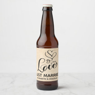 Vintage Love Brown Grunge Just Married Wedding Beer Bottle Label