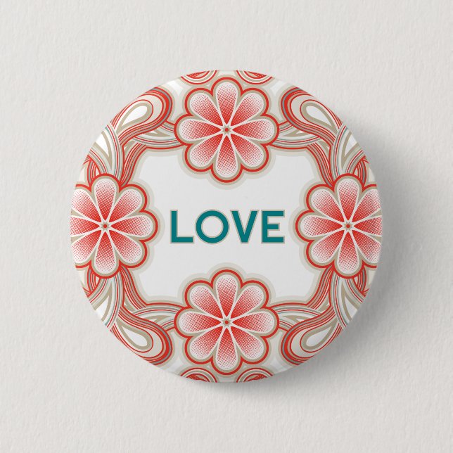 Vintage Love button with red flowers (Front)