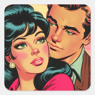 Vintage Love Couple Comics Square Sticker