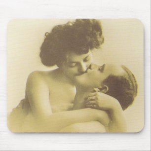 Vintage love couple kissing sepia illustration mouse mat