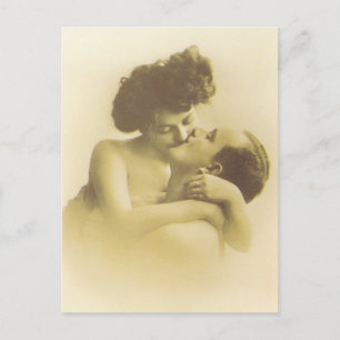Vintage love couple kissing sepia illustration postcard