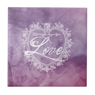 Vintage Love Heart Colourful Watercolor Tile