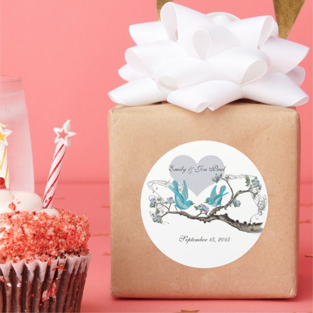 Vintage Love Hot Pink Aqua  Birds Wedding Stickers (Party)