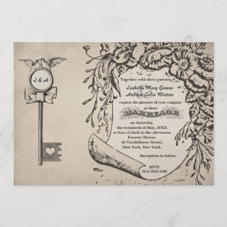 Vintage Love Key and Turtle Doves Wedding #V0 Invitation