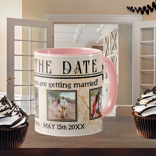 Vintage Love Newspaper Photo Save the Date Mug (Save the Date photo mug featuring 4 of your photos framed by a vintage love newspaper design)