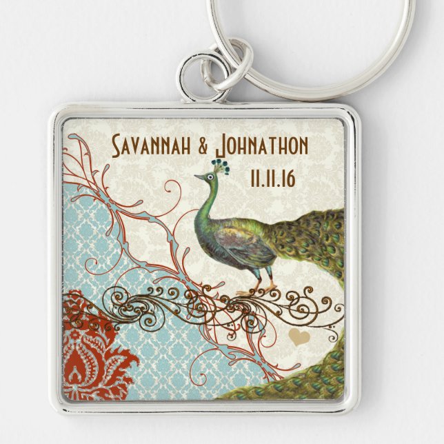 Vintage Love Peacock Wedding Key Chain (Front)
