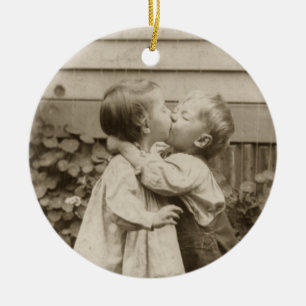 Vintage Love Photo of Children Kissing in a Garden Ceramic Tree Decoration