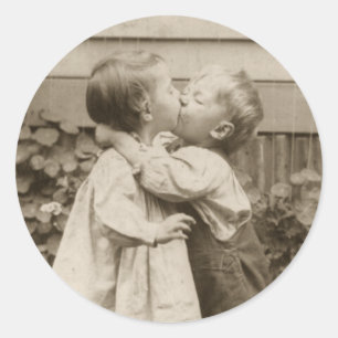 Vintage Love Photo of Children Kissing in a Garden Classic Round Sticker
