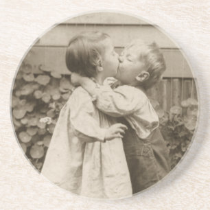 Vintage Love Photo of Children Kissing in a Garden Coaster