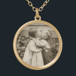 Vintage Love Photo of Children Kissing in a Garden Gold Plated Necklace<br><div class="desc">Vintage black and white sepia photo of two children kissing in the garden. An adorable picture of a little boy and girl and their first kiss. Darling picture of youth and innocence.</div>