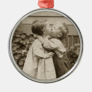 Vintage Love Photo of Children Kissing in a Garden Metal Tree Decoration