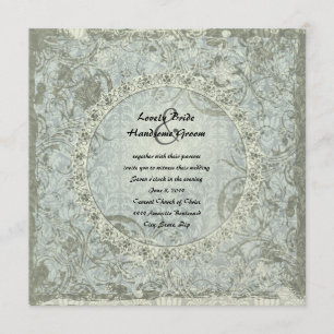 Vintage Love Poem Blue Grey Damask Wedding Invite