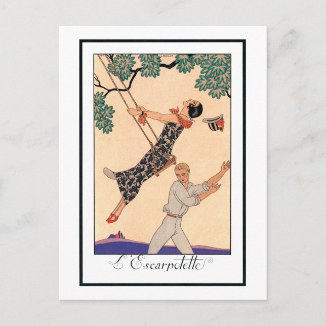 Vintage Love Romance, Escarpolette Swing Barbier Postcard (Front)