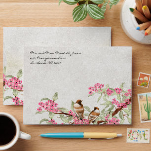 Vintage Lovebird Pink Flower Branch Envelopes