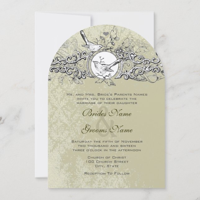Vintage Lovebird Sage Green Musical Scroll Wedding Invitation (Back)