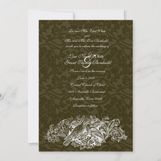 Vintage Lovebirds Brown Brocade Wedding Invitation (Front)