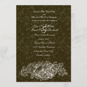 Vintage Lovebirds Brown Brocade Wedding Invitation