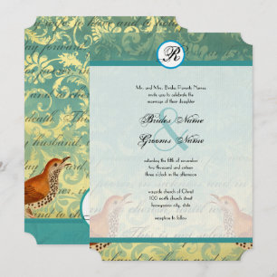 Vintage Lovebirds Lagoon Endive Wedding Invitation