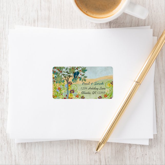 Vintage Lovebirds Romantic Tree Damask Hills RSVP Label (Insitu)
