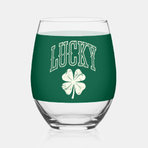 Vintage Lucky Clover St Patrick's Day  Stemless Wine Glass