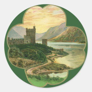 Vintage Lucky Gold Shamrock with an Irish Castle Classic Round Sticker