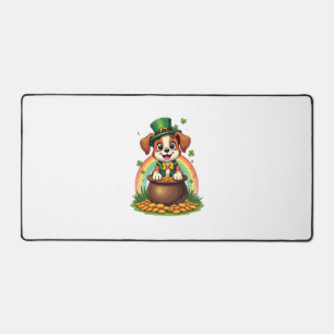 Vintage Lucky Leprechaun Puppy Rainbow Pot of Gold Desk Mat