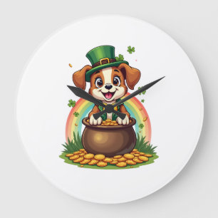 Vintage Lucky Leprechaun Puppy Rainbow Pot of Gold Large Clock