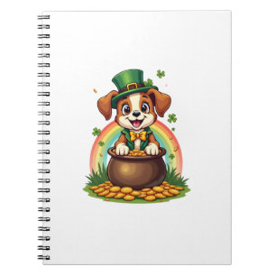 Vintage Lucky Leprechaun Puppy Rainbow Pot of Gold Notebook
