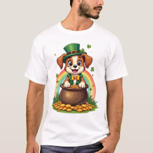 Vintage Lucky Leprechaun Puppy Rainbow Pot of Gold T-Shirt