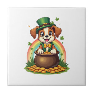 Vintage Lucky Leprechaun Puppy Rainbow Pot of Gold Tile