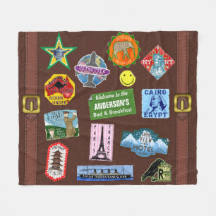 Vintage Luggage World Travel Suitcase Sticker Name Fleece Blanket