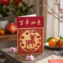 Vintage Lunar Goat | Art Deco LNY Red & Gold