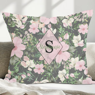 Vintage Lush Pink Botanical Monogram Cushion