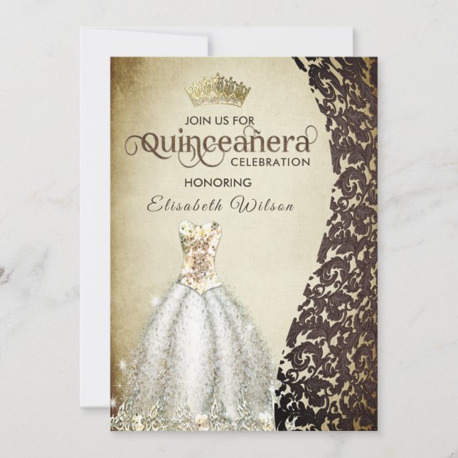 Vintage  luxury damask gold tiara Quinceañera  Inv Invitation (Front)