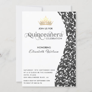 Vintage luxury damask gold tiara Quinceañera Invitation