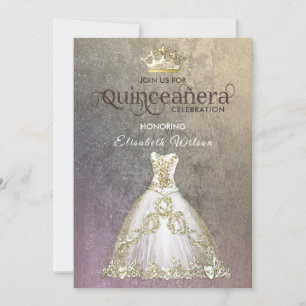 Vintage luxury dress gold tiara Quinceañera  Invit Invitation