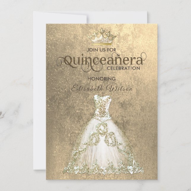 Vintage luxury dress gold tiara Quinceañera  Invitation (Front)