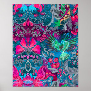 Vintage luxury floral garden blue bird lux pattern poster
